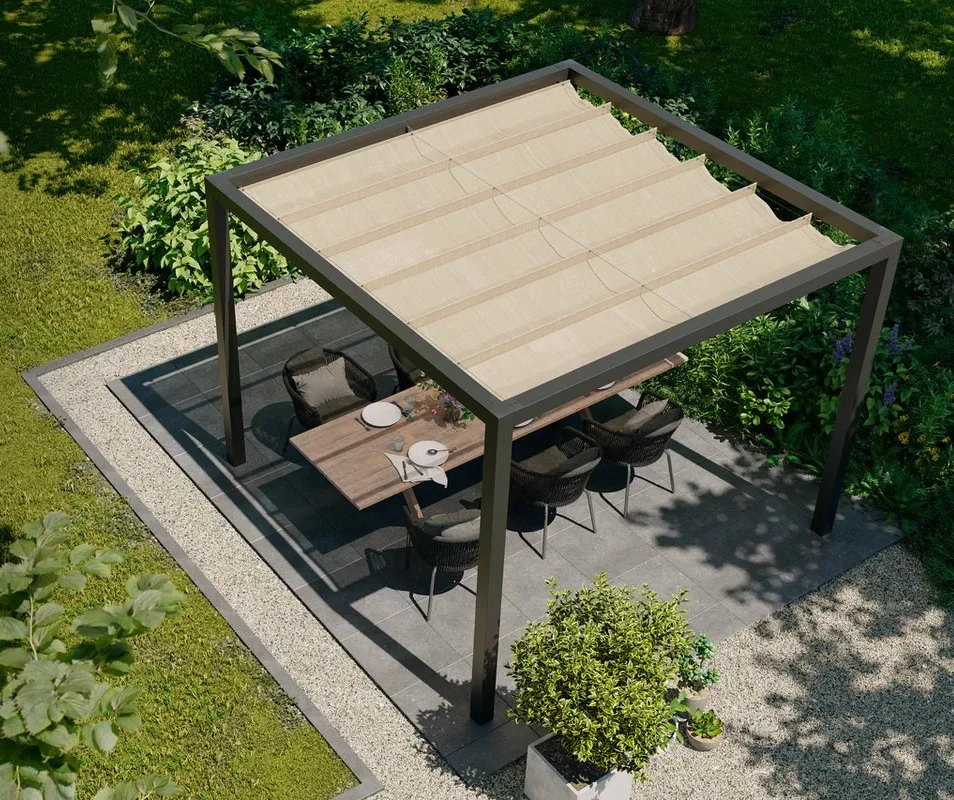 Platinum Optiva Aluminium Pergola Antraciet met Coolfit Schaduwdoek Zand 402 x 402 cm - Afbeelding 2